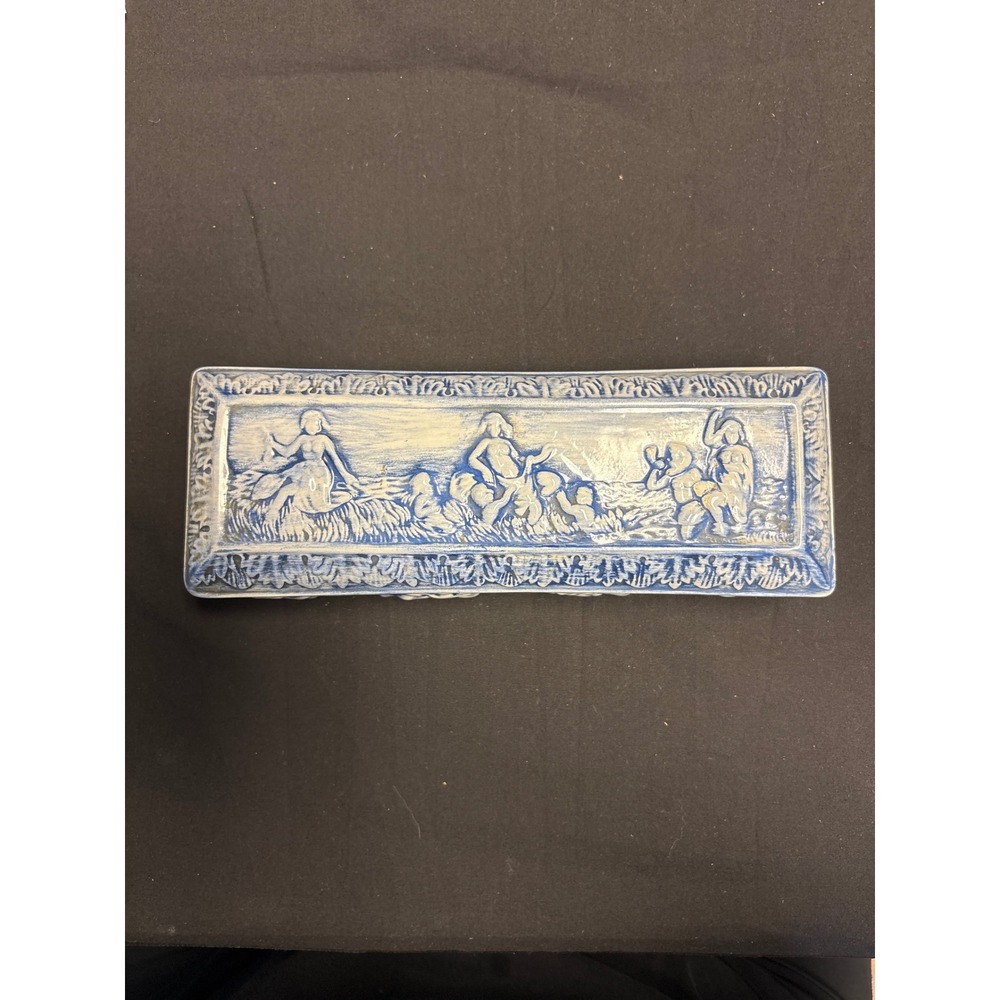 Vintage Artisan Blue White Ceramic Relief Trinket Box Classical Figures Cherubs